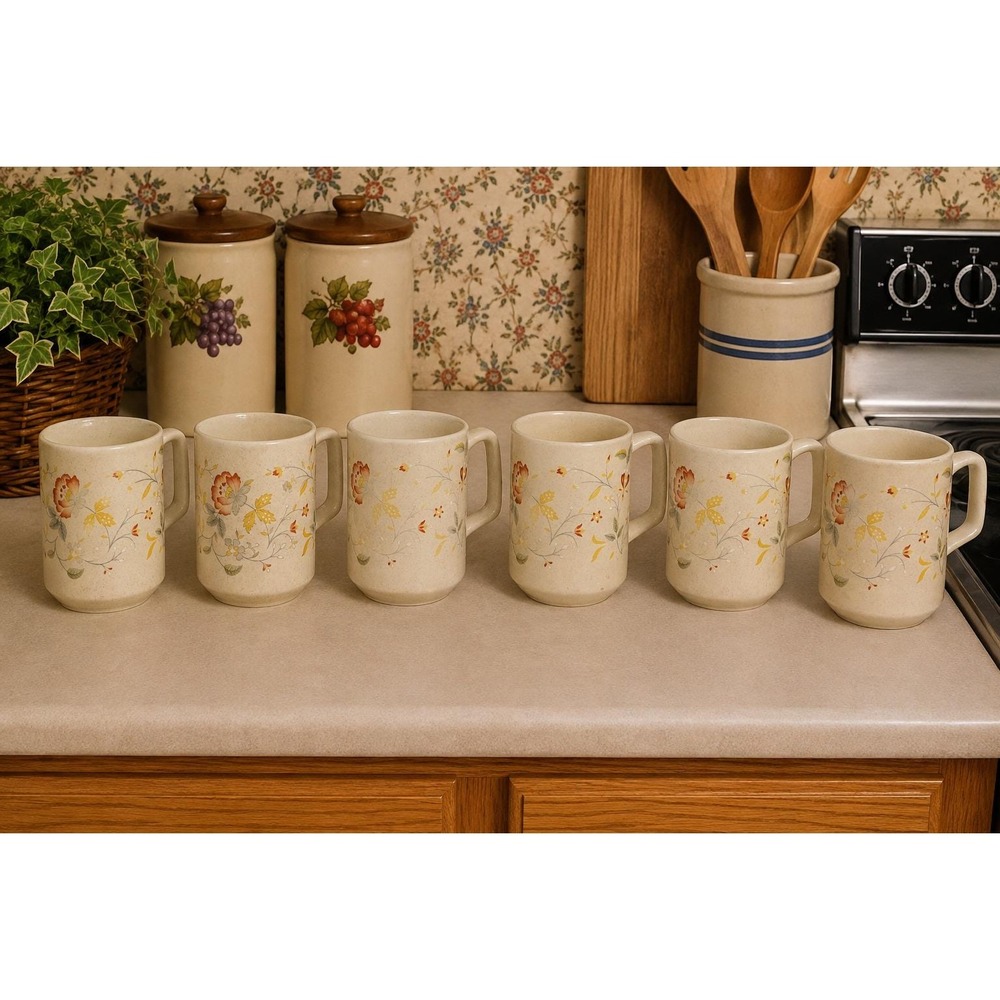 VTG Temper-Ware by Lenox,  6 Grandmugs Cups, Merriment Floral Pattern, 12oz, USA